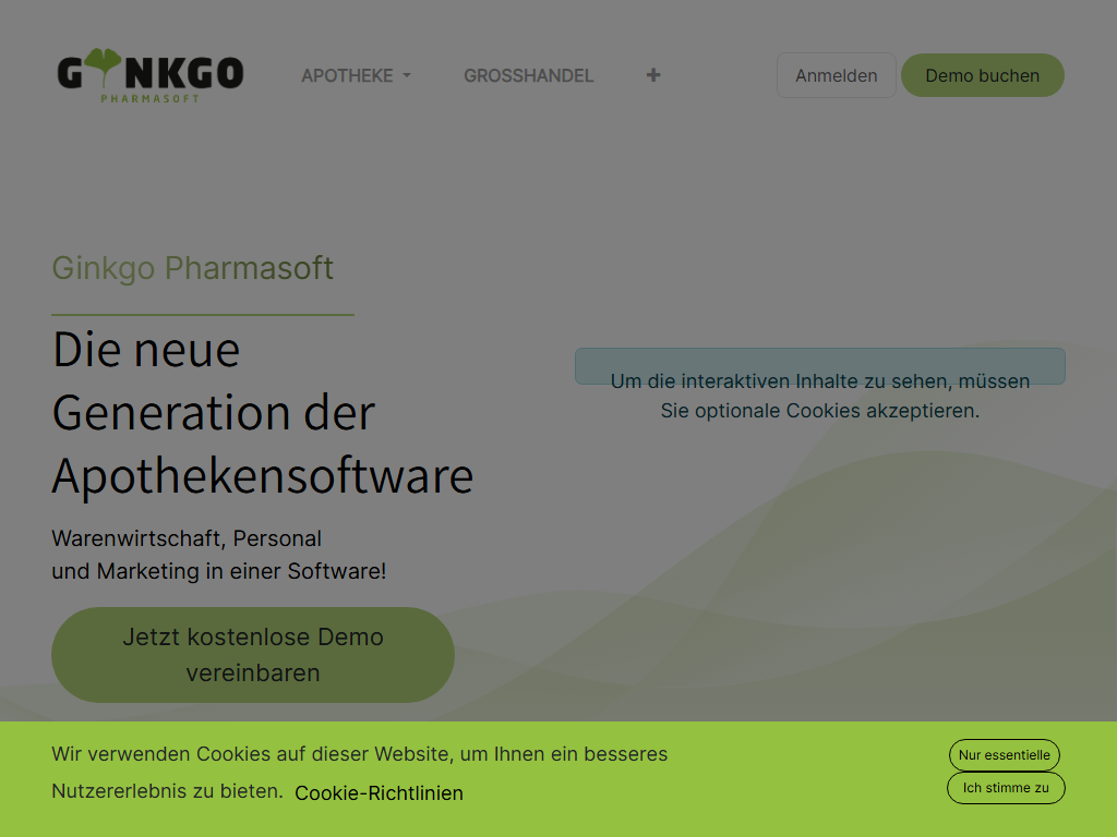 Screenshot of the homepage of Ginkgo Pharmasoft