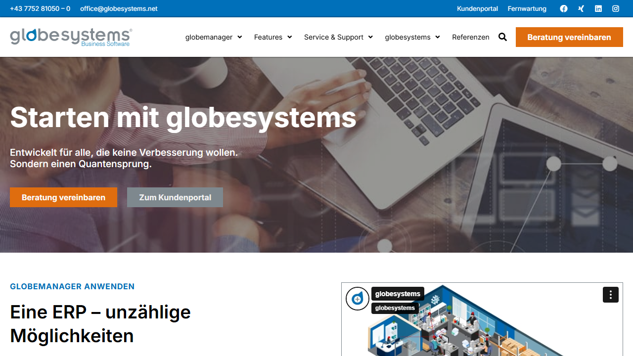 Screenshot of the homepage of globemanager