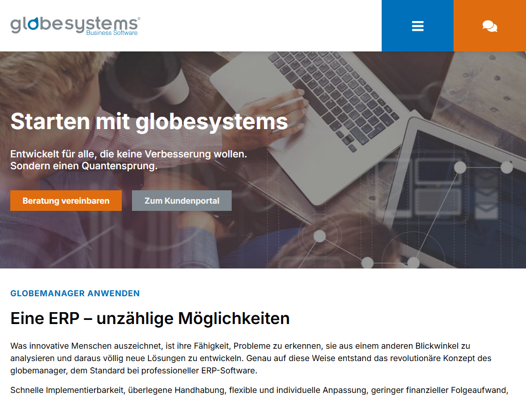 Screenshot of the homepage of globemanager