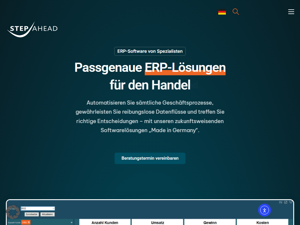 Screenshot of the homepage of godesys ERP