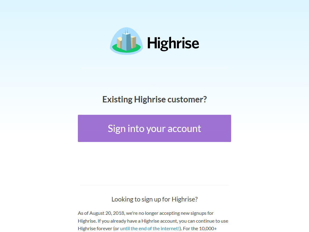 Screenshot of the homepage of Highrise CRM