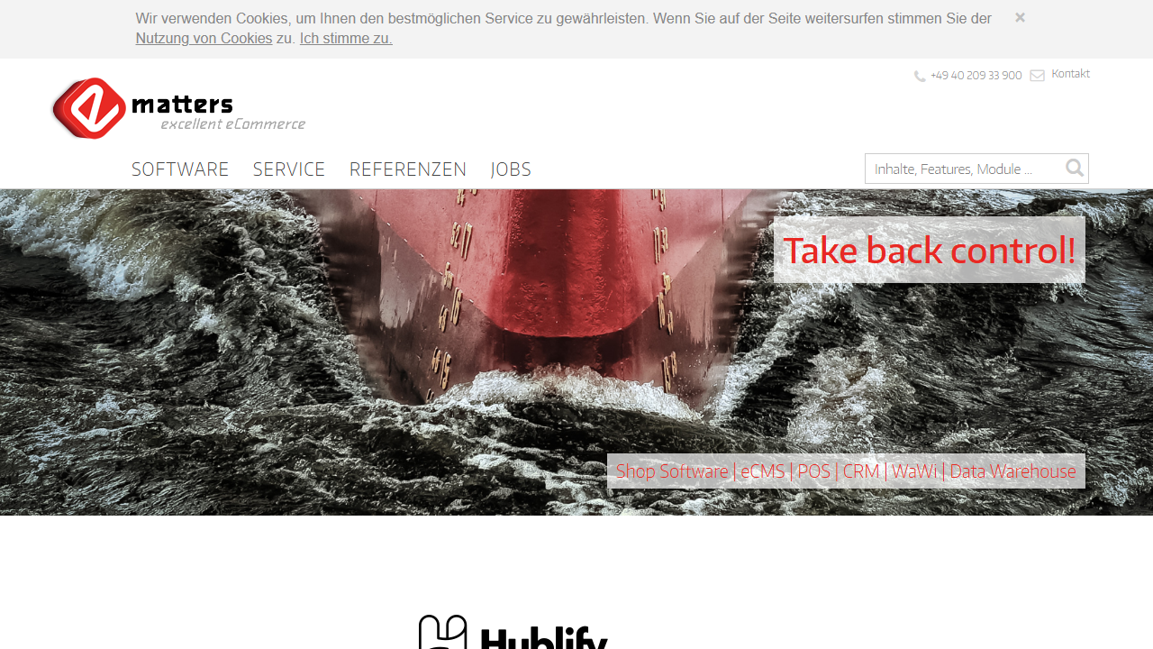 Screenshot of the homepage of Hublify Commerce Plattform