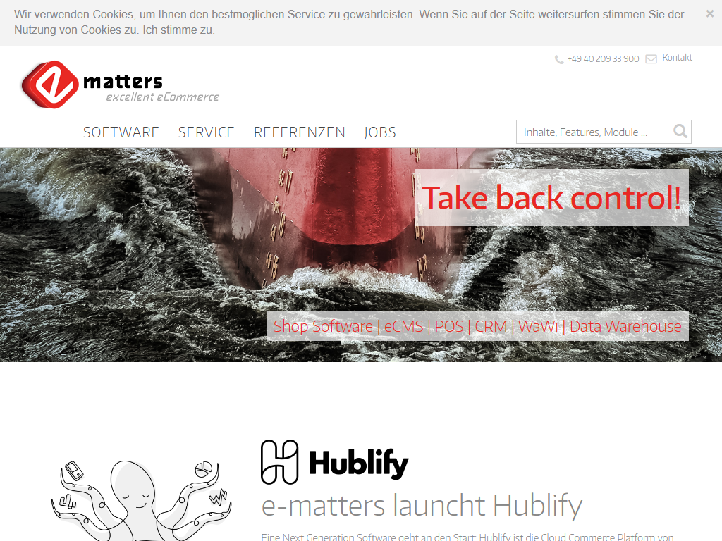 Screenshot of the homepage of Hublify Commerce Plattform