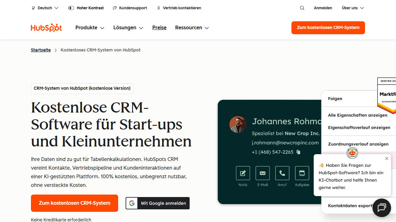 Screenshot of the homepage of HubSpot CRM