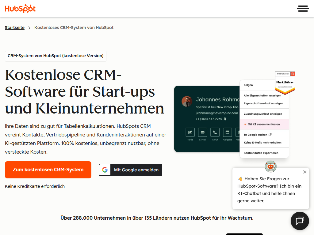 Screenshot of the homepage of HubSpot CRM
