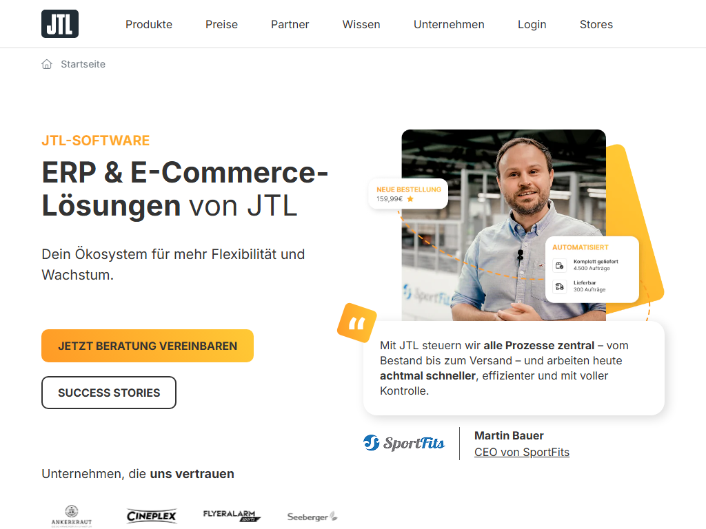 Screenshot der Homepage von JTL