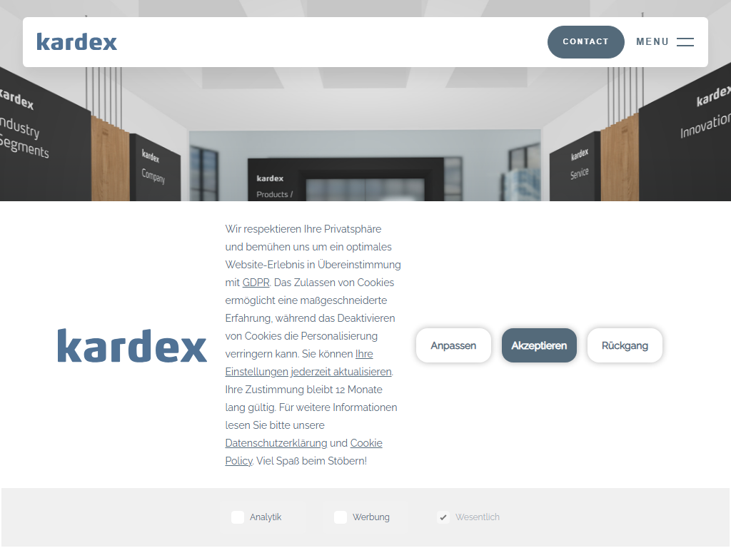 Screenshot der Homepage von Kardex