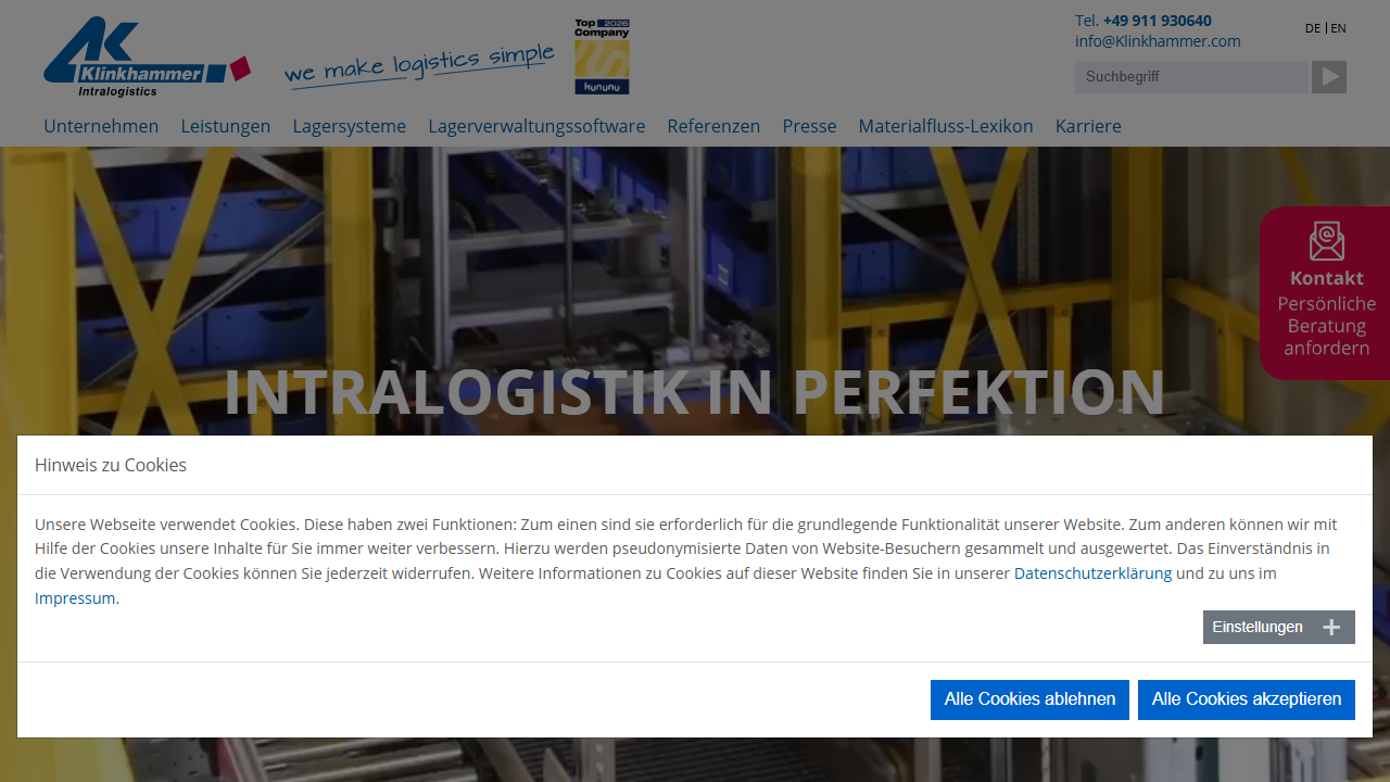Screenshot of the homepage of KlinkWARE WMS