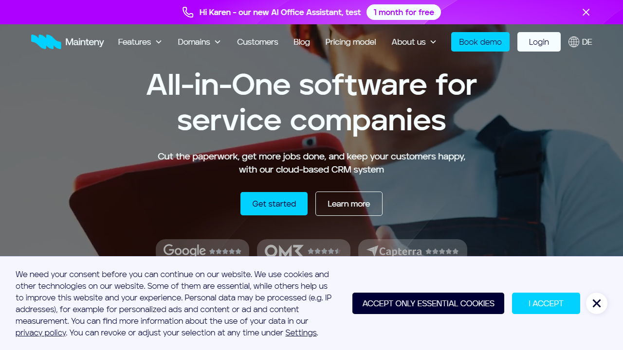 Screenshot of the homepage of Mainteny