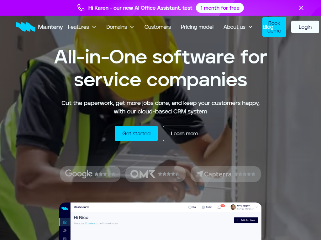 Screenshot of the homepage of Mainteny