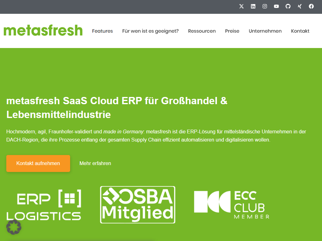 Screenshot of the homepage of metasfresh ERP