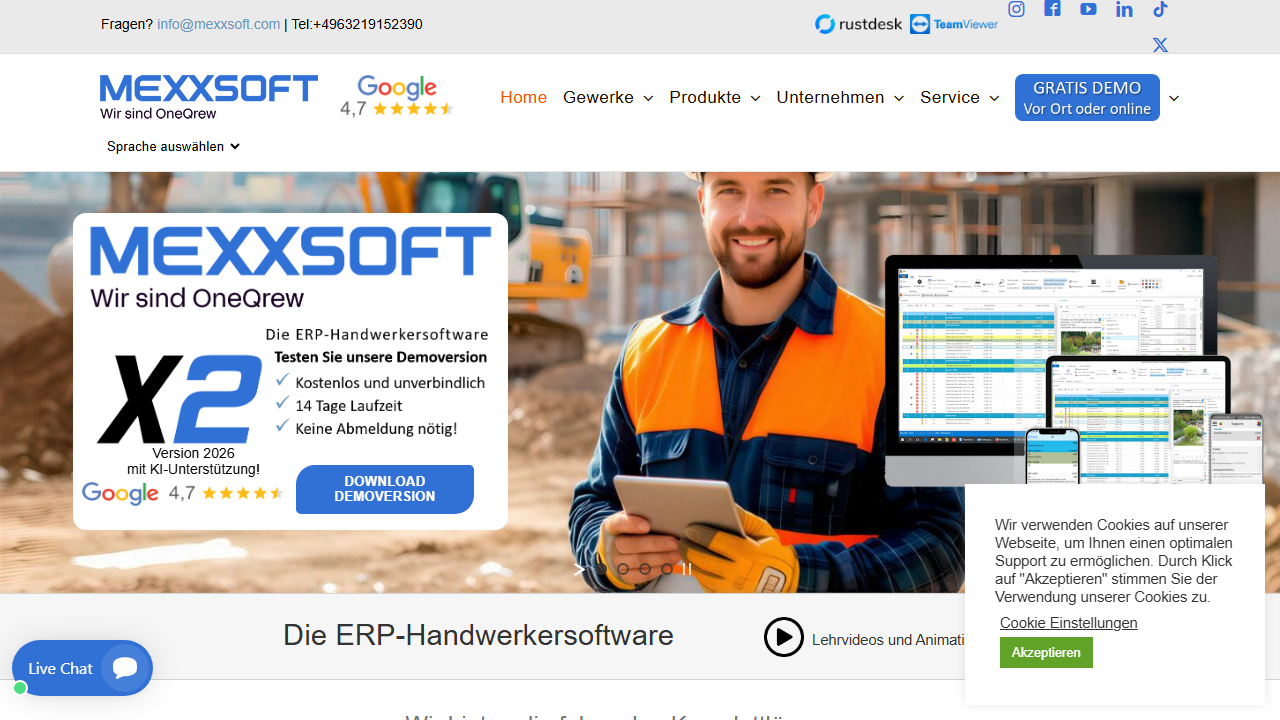 Screenshot of the homepage of mexXsoft X2