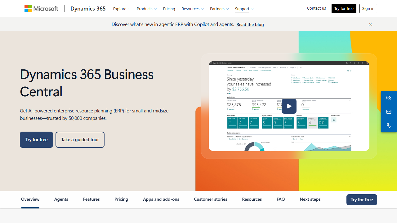Screenshot of the homepage of Microsoft Dynamics 365 Business Central
