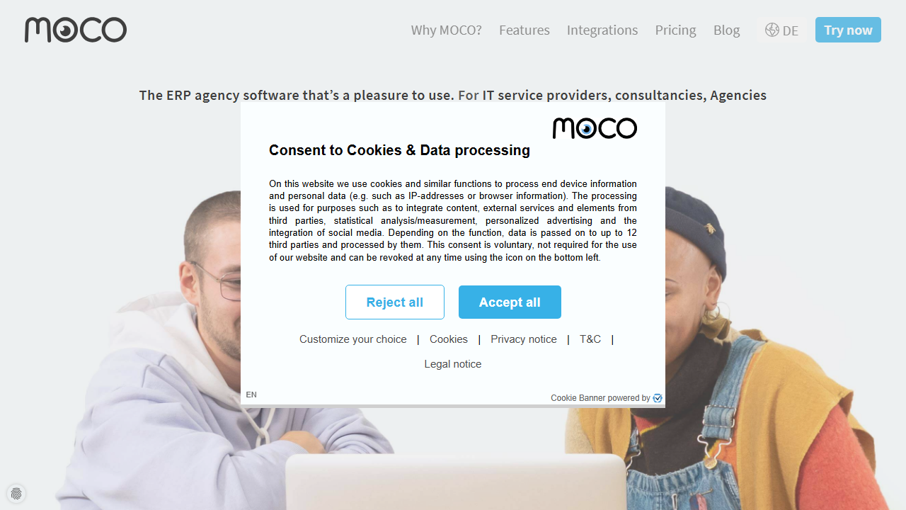 Screenshot of the homepage of MOCO