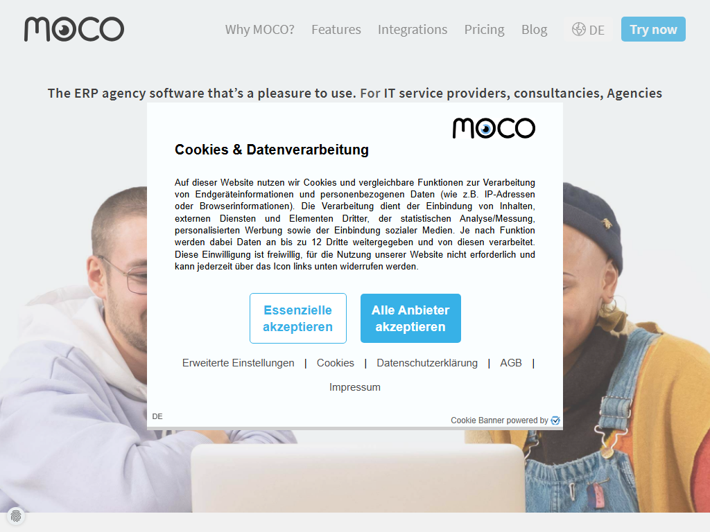 Screenshot der Homepage von MOCO