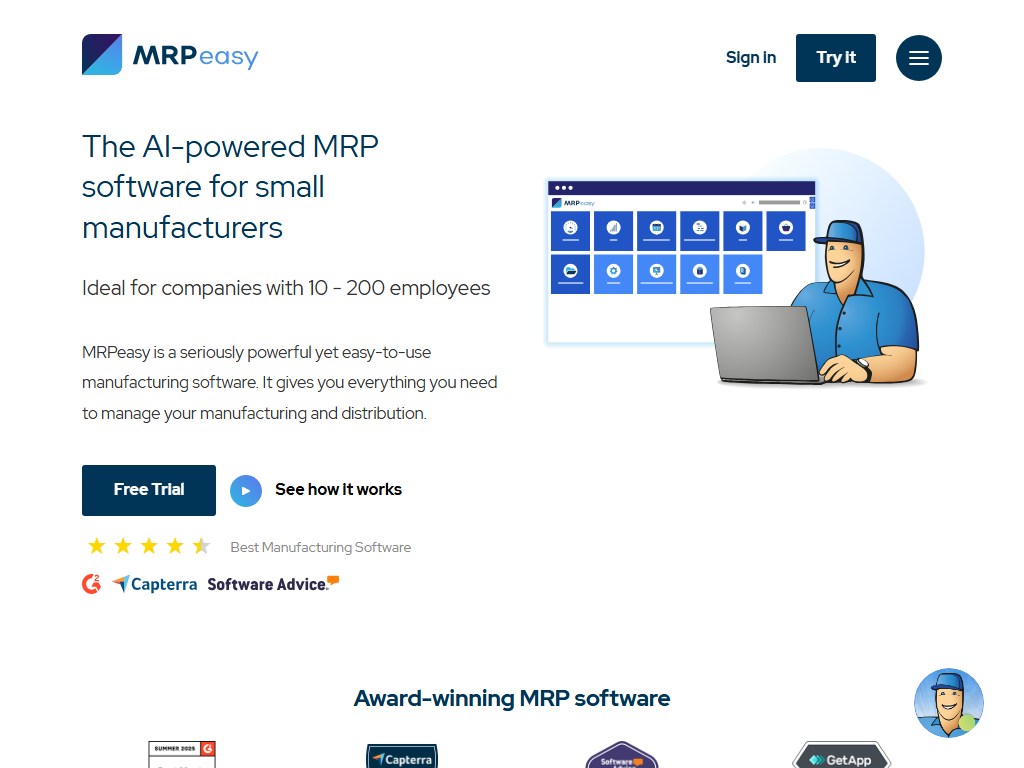 Screenshot of the homepage of MRPeasy