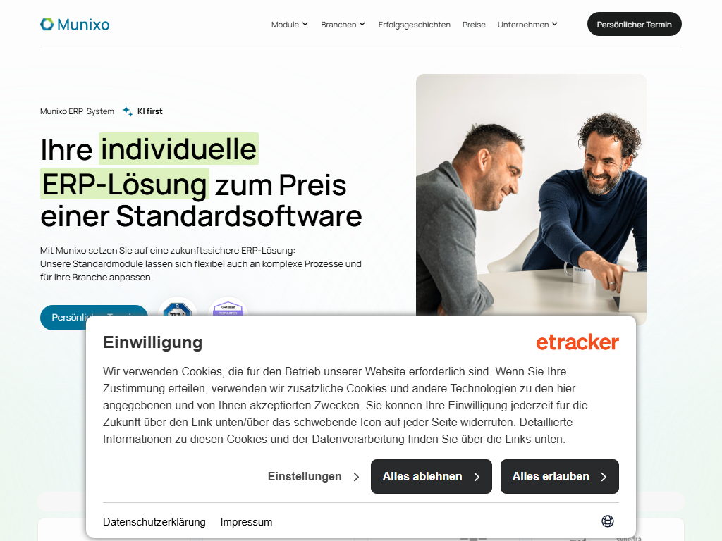 Screenshot der Homepage von Munixo