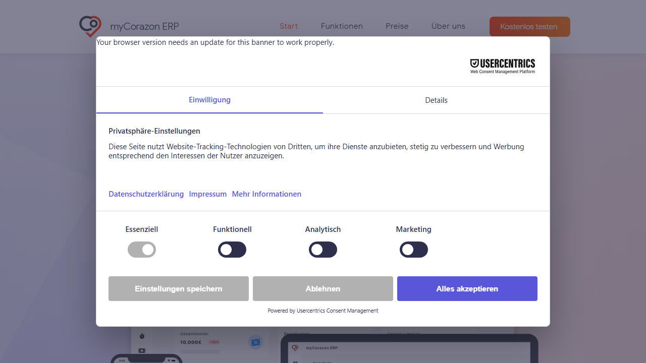 Screenshot of the homepage of myCorazon