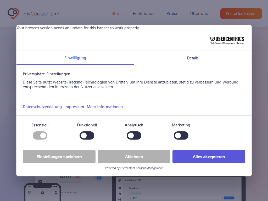 Screenshot der Homepage von myCorazon