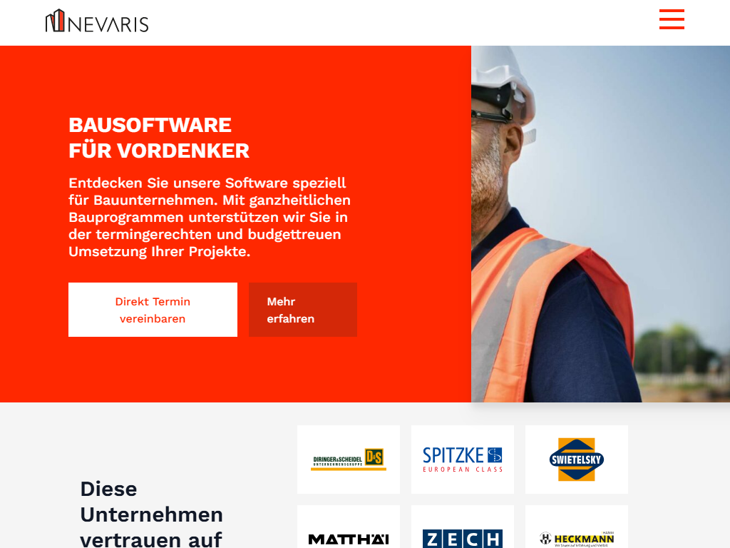 Screenshot of the homepage of NEVARIS Build & NEVARIS Finance