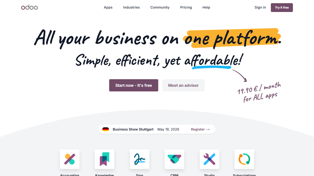 Screenshot of the homepage of Odoo