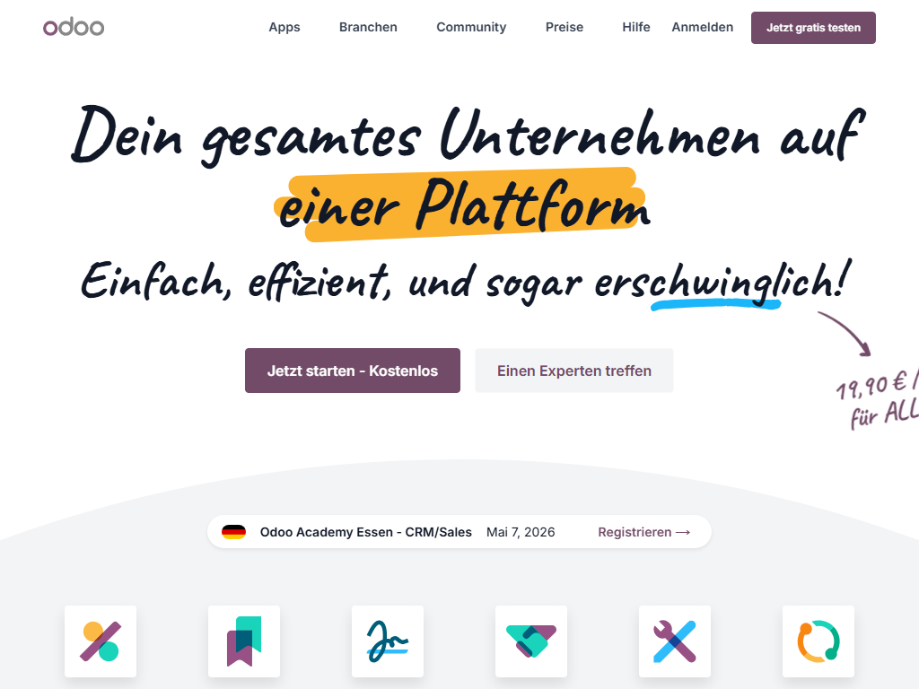 Screenshot of the homepage of Odoo