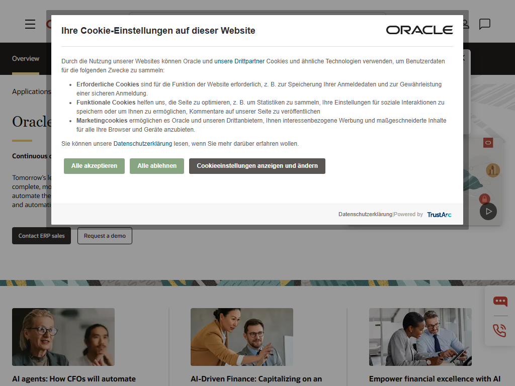 Screenshot der Homepage von Oracle Fusion Cloud ERP