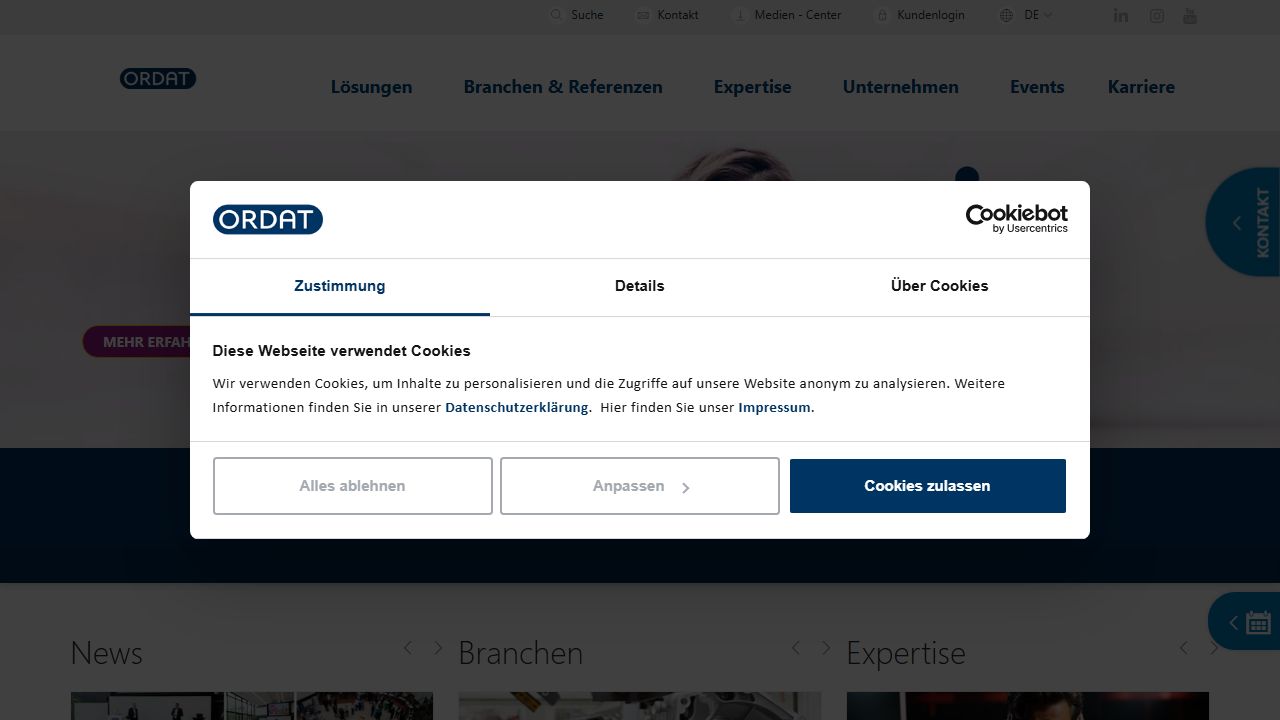 Screenshot of the homepage of ORDAT.ERP