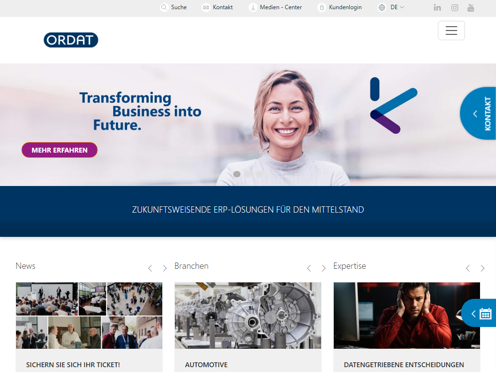 Screenshot of the homepage of ORDAT.ERP