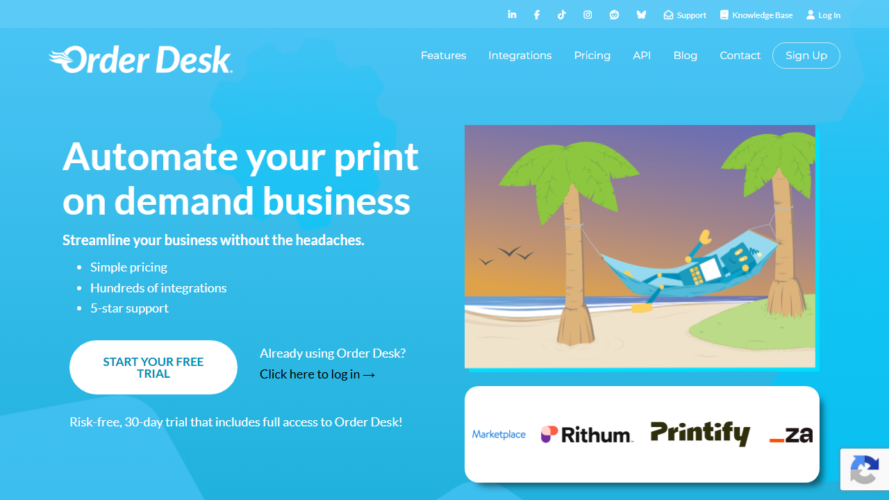 Screenshot of the homepage of Order Desk