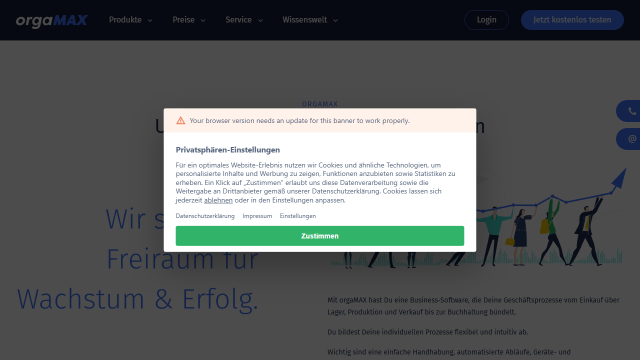 Screenshot of the homepage of orgaMAX ERP