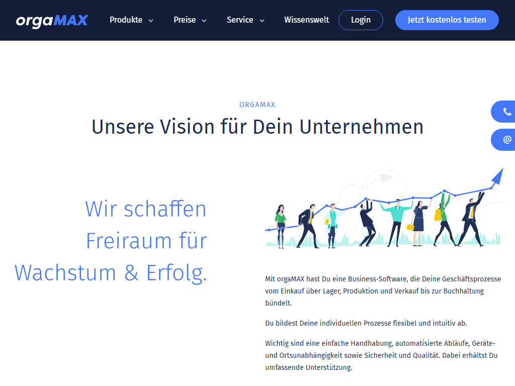 Screenshot of the homepage of orgaMAX ERP