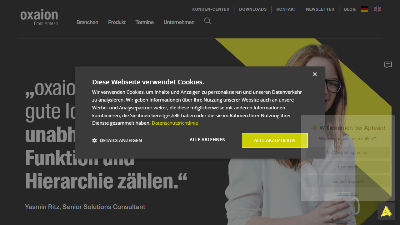 Screenshot of the homepage of Aptean ERP oxaion Edition