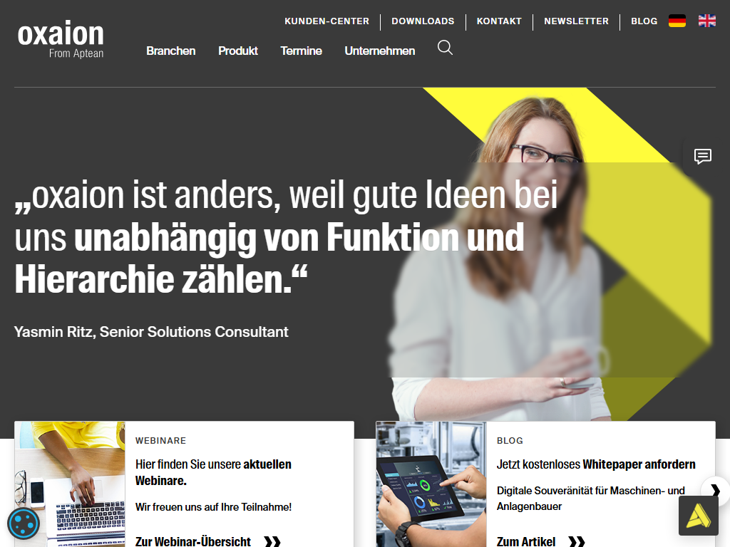 Screenshot der Homepage von Aptean ERP oxaion Edition