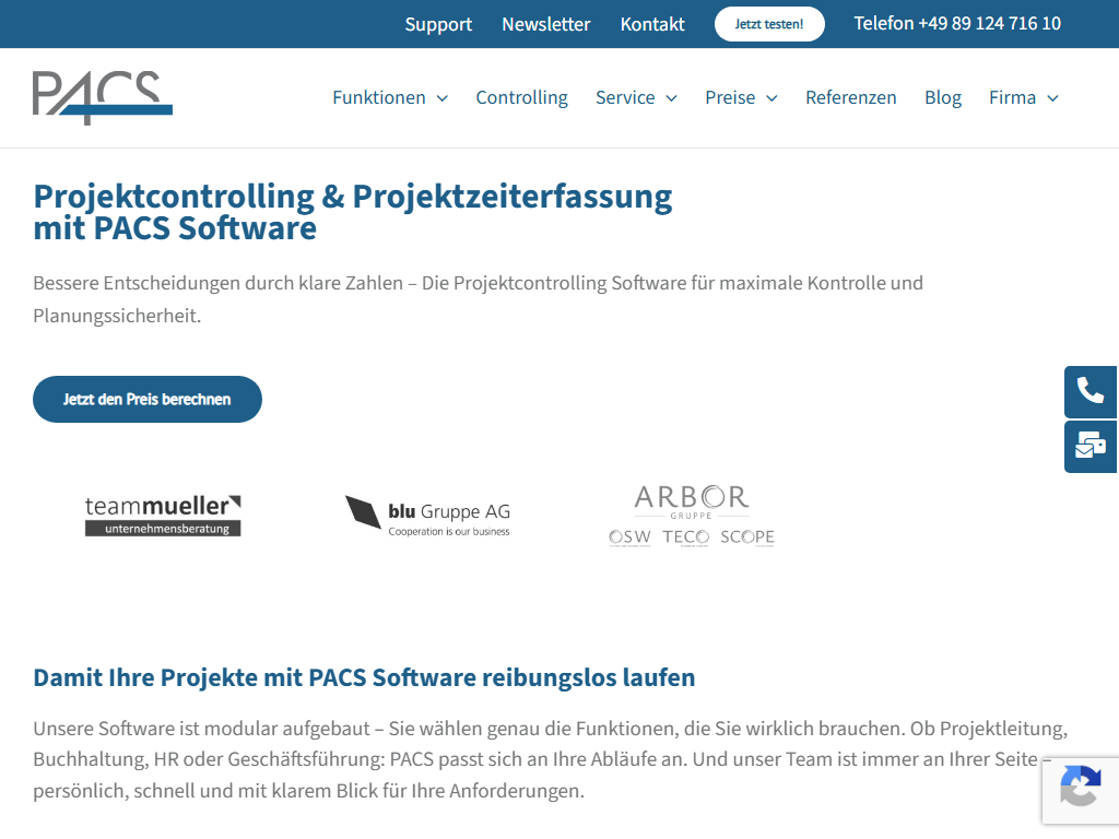 Screenshot der Homepage von PACS Software