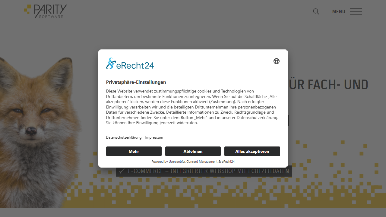Screenshot of the homepage of PARITY.ERP