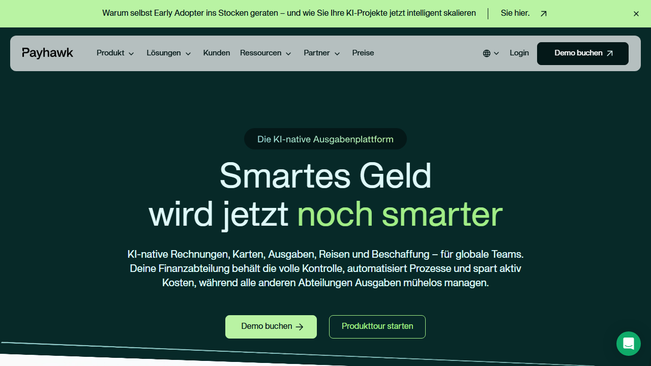 Screenshot of the homepage of Payhawk