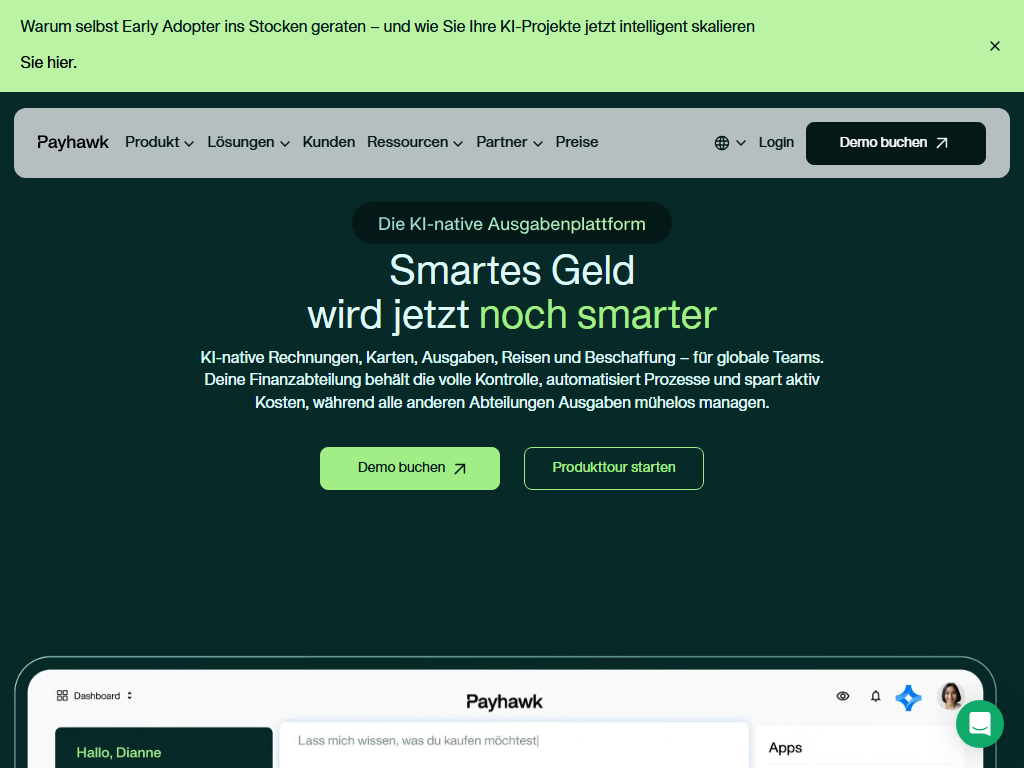 Screenshot der Homepage von Payhawk