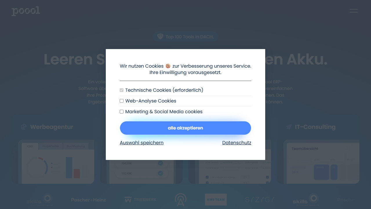 Screenshot of the homepage of Poool