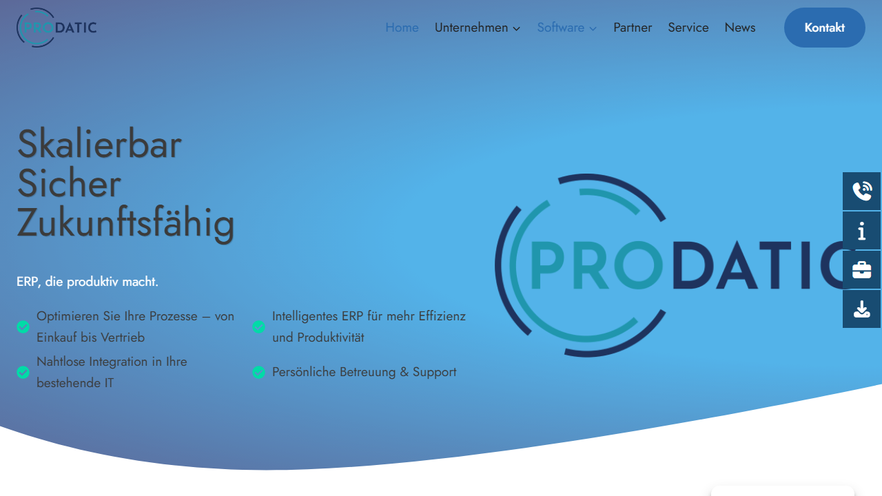 Screenshot of the homepage of Prodatic ERP 2
