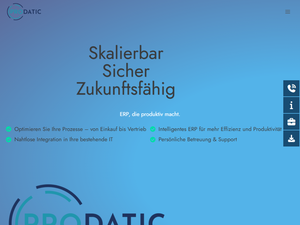 Screenshot of the homepage of Prodatic ERP 2