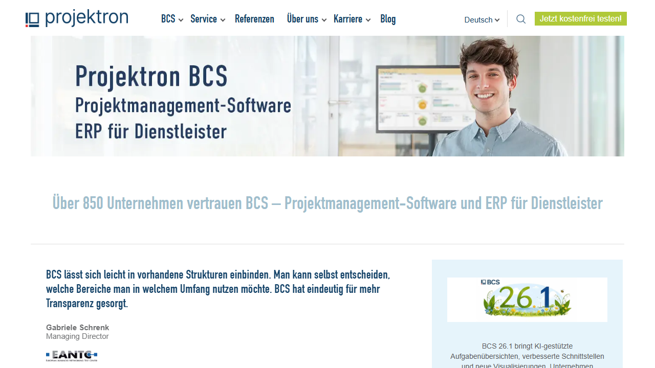 Screenshot of the homepage of Projektron BCS