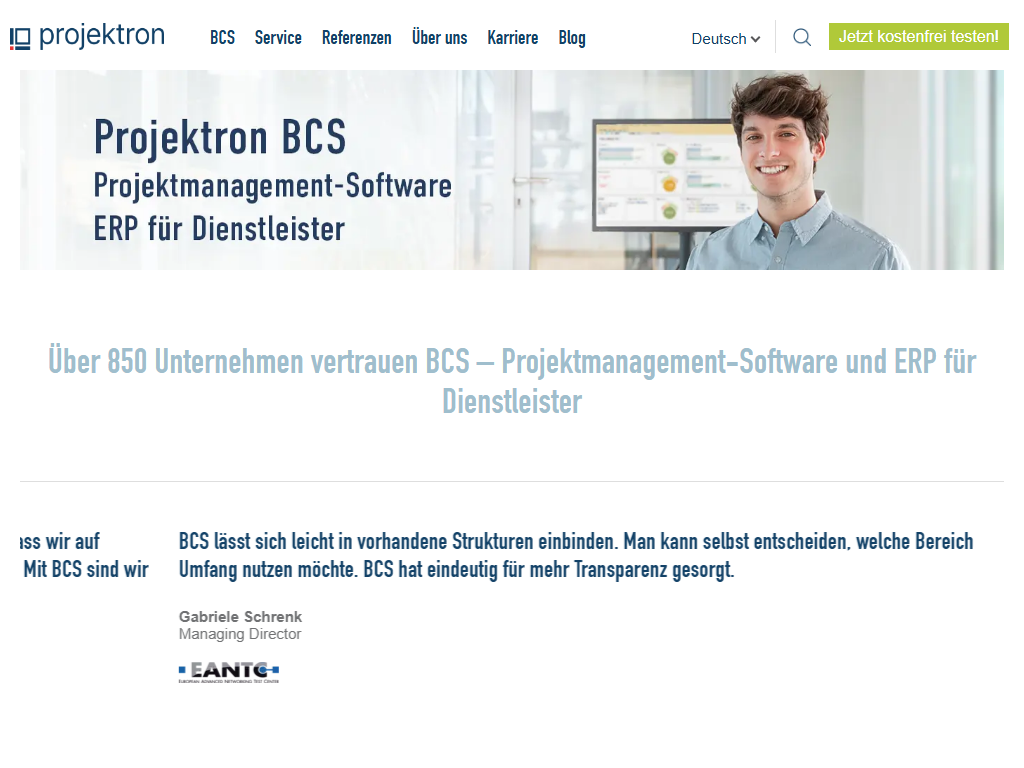 Screenshot of the homepage of Projektron BCS