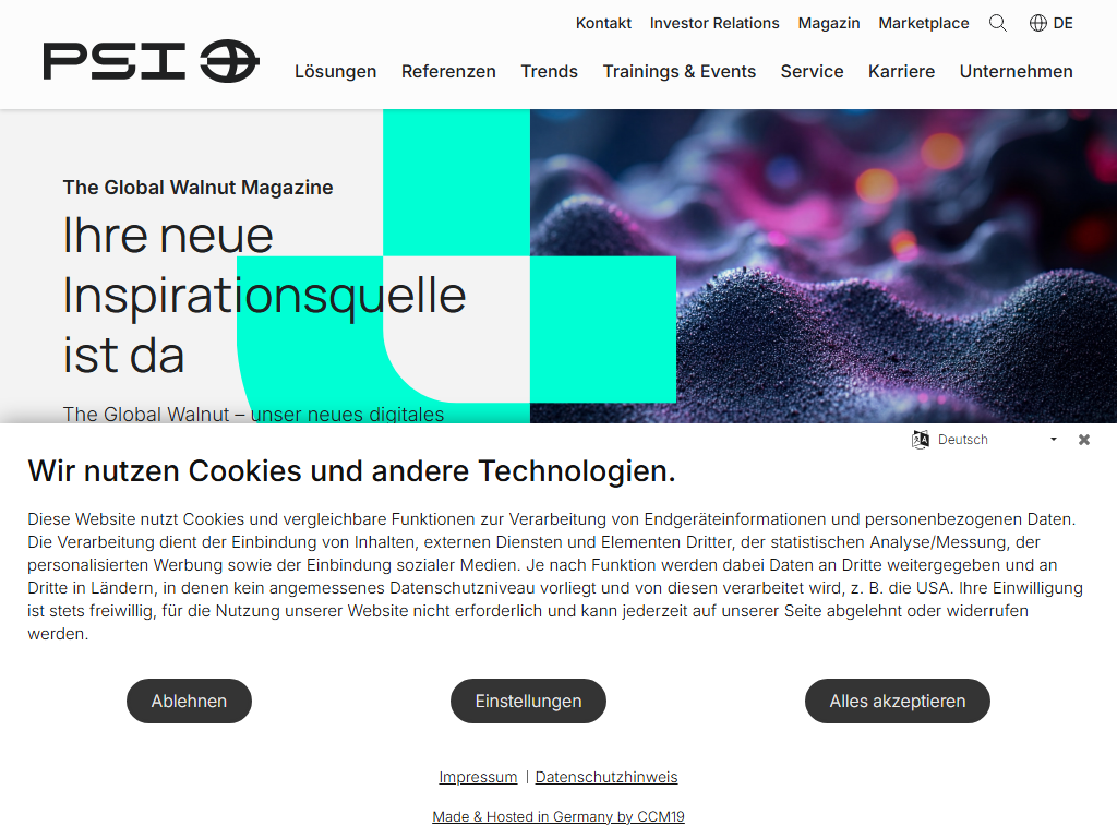 Screenshot der Homepage von PSI Logistics