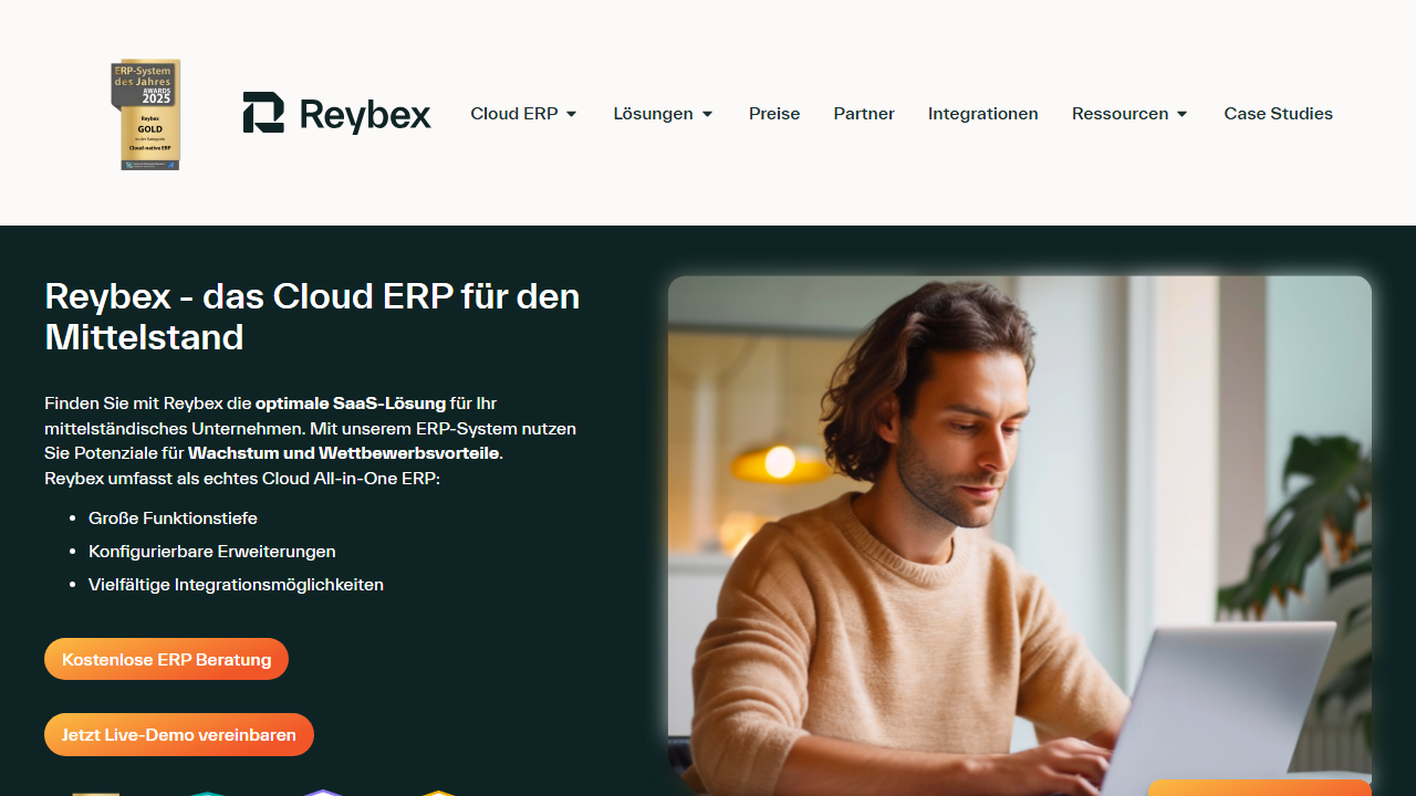 Screenshot of the homepage of reybex Cloud ERP