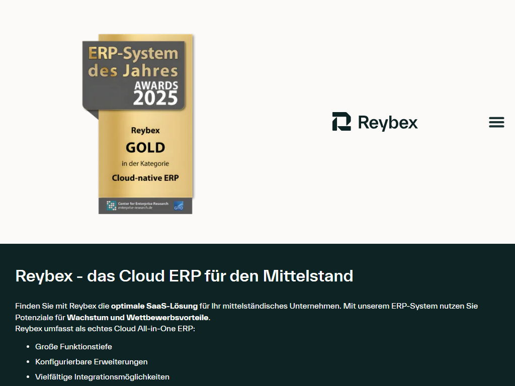 Screenshot of the homepage of reybex Cloud ERP