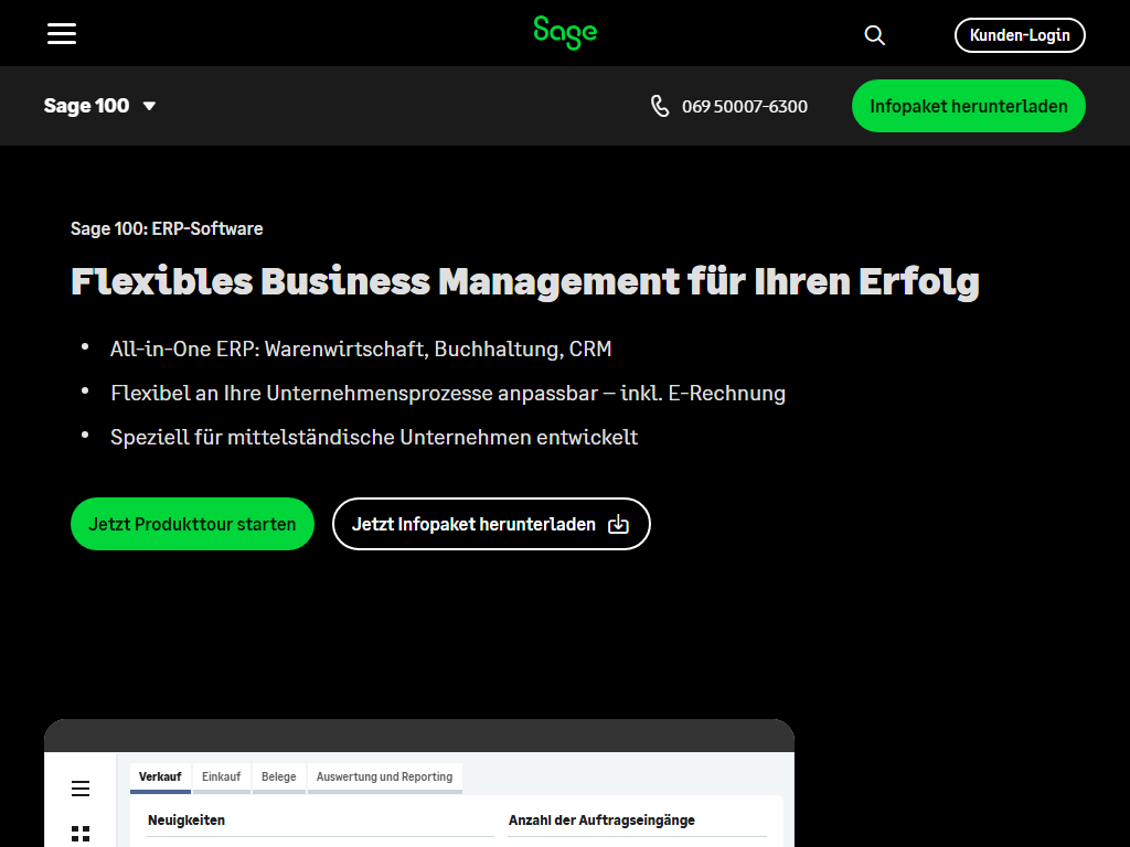 Screenshot der Homepage von Sage 100