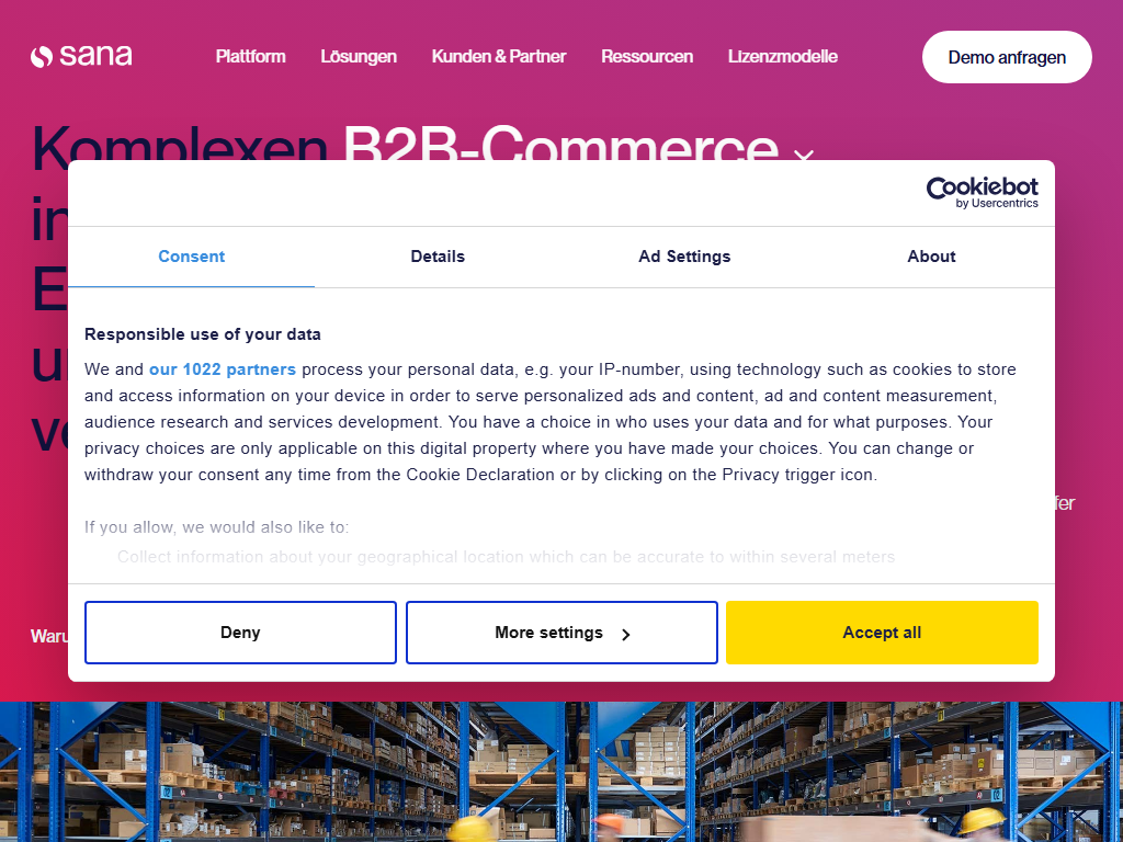 Screenshot der Homepage von Sana Commerce Cloud