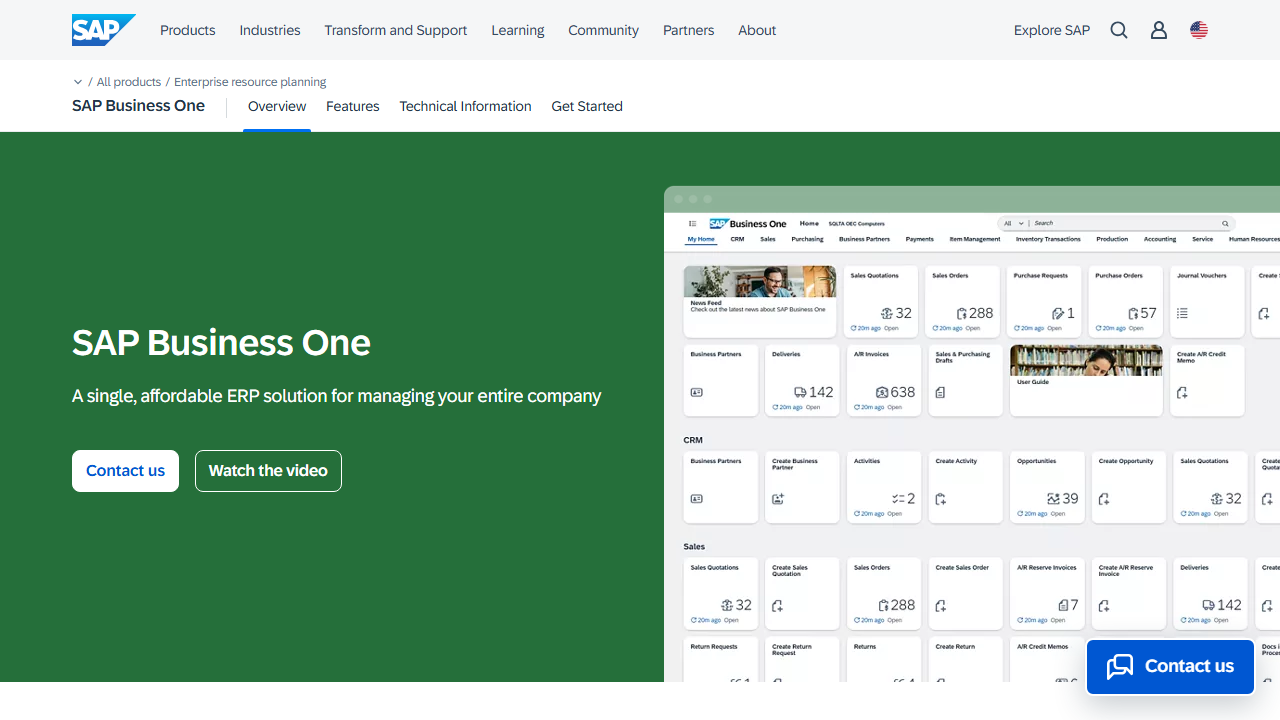 Screenshot of the homepage of SAP Business One