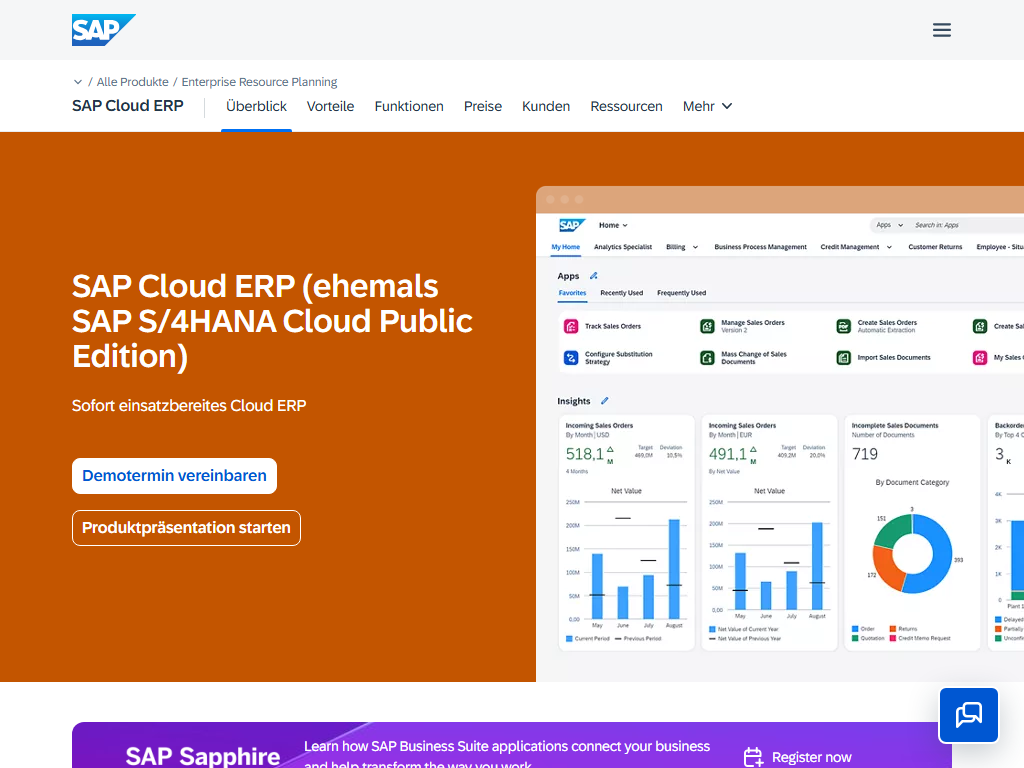 Screenshot der Homepage von SAP S/4HANA Cloud
